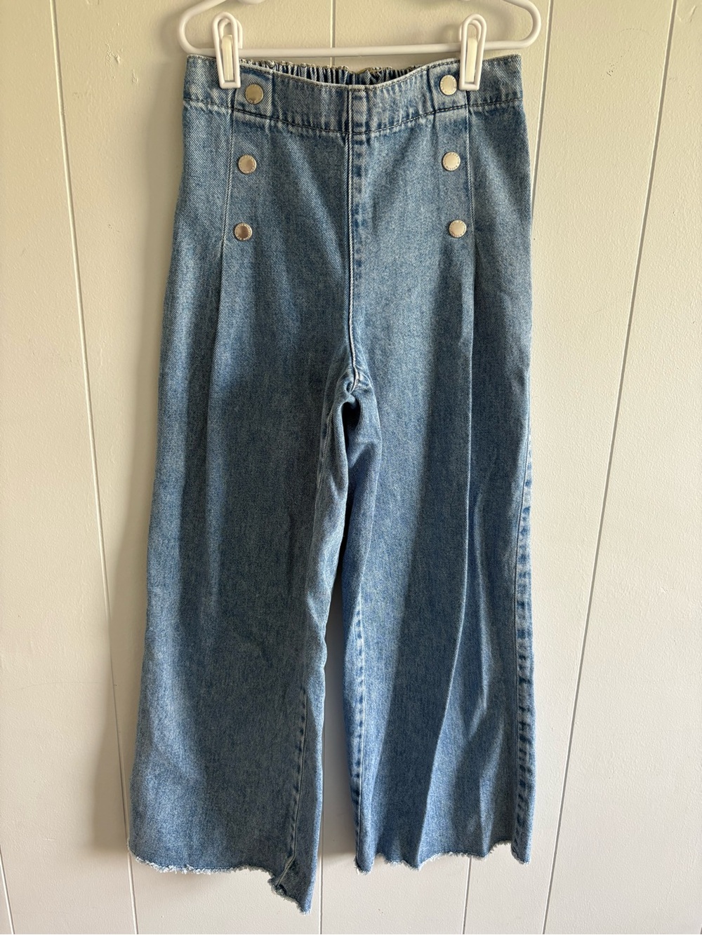 H&M Girls 10 High-Waist Wide Leg Jeans - Light Blue With Button Detail